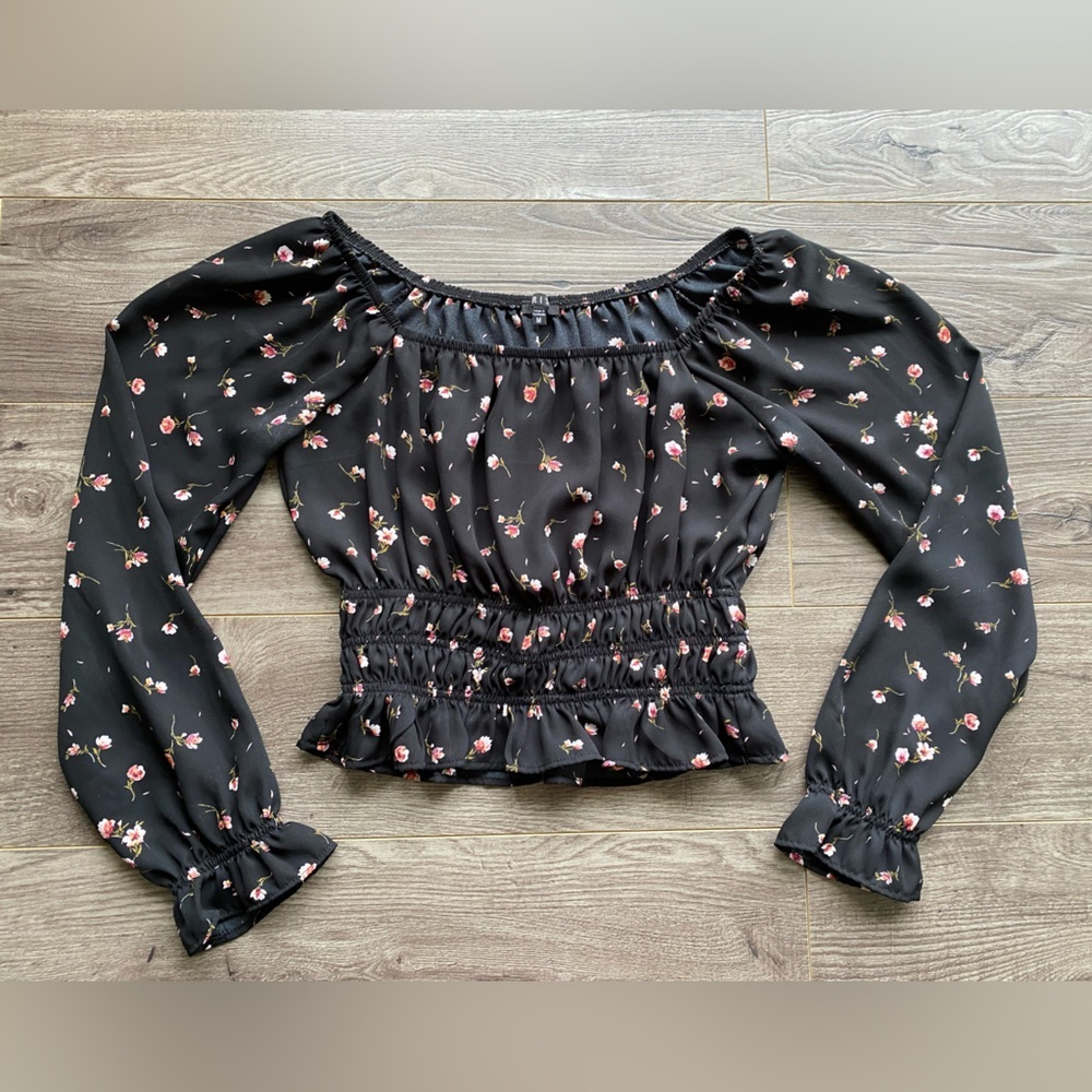 Iris off shoulder rouched black floral long sleeve cropped peasant blouse
